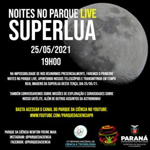 Imagem com fundo preto com a Lua, informando a realização do 1º Noites no Parque live.